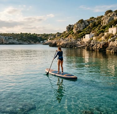Woman stand-up paddleboarding in calm turquoise Adriatic water near the rocky Puglia coastline