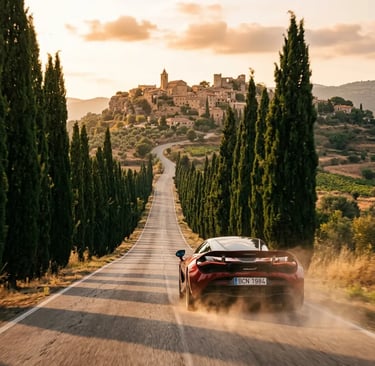 Supercar driving toward a hilltop Catalan village on a cypress-lined countryside road at sunset