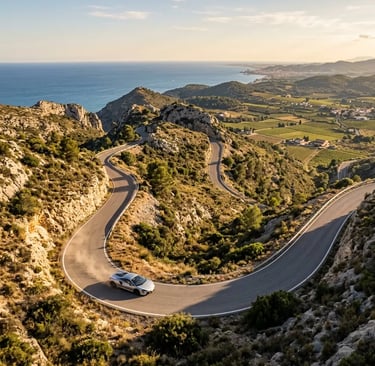 Supercar driving a winding coastal road from Barcelona toward El Penedès wine region