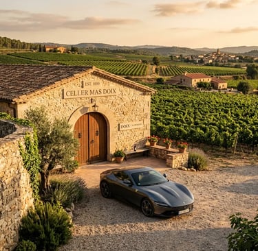 Luxury supercar parked at a historic Catalan winery entrance in El Penedès at golden hour