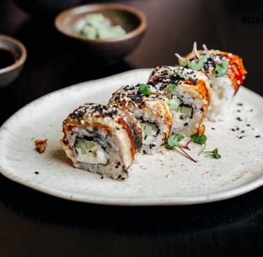 Crispy maki rolls with sesame seeds and microgreens on ceramic plate, Kyoto sushi workshop