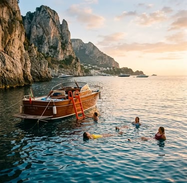 Swimmers floating beside moored wooden boat at Capri swim stop during golden hour
