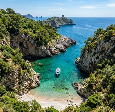 Small boat anchored in sheltered emerald cove near Punta Campanella marine reserve