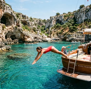 Woman in red swimsuit diving from private boat into turquoise Adriatic cove Puglia