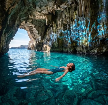 Woman floating in turquoise water inside limestone sea cave near Polignano a Mare coastline.