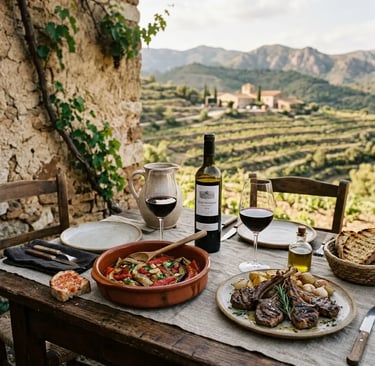 Escalivada and grilled lamb with red wine at outdoor table in Priorat