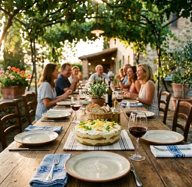 Guests laughing around rustic farmhouse table with lemon tiramisu and wine in Agerola