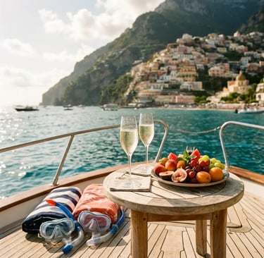 Prosecco glasses fresh fruit and snorkeling masks on a private boat deck near Positano