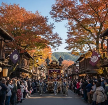 Shirakawa-go village covered in red and orange autumn leaves.
