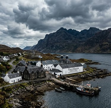 alisker Distillery on Isle of Skye coastline with Cuillin mountains and overcast sky.