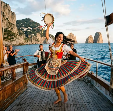 Original Tarantella dancer performing in traditional costume on yacht deck near Capri Faraglioni