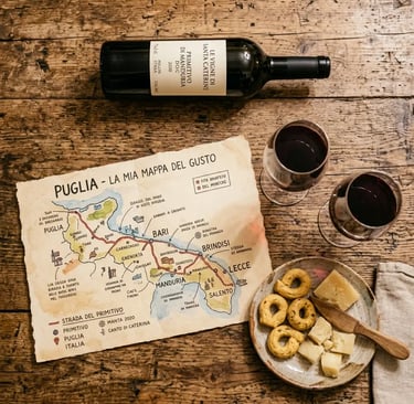 Overhead view of a Puglia wine map with two glasses of Primitivo, taralli, and aged cheese