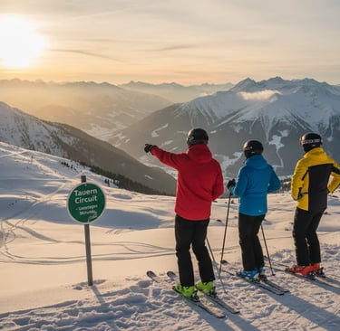 Two skiers standing by a Tauern Circuit sign, watching the sunset over the Alpine mountain range.