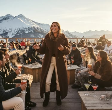 Close-up of a high-end après-ski outfit featuring a soft textured faux fur teddy jacket in cream, pa