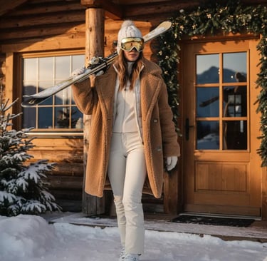 A woman relaxing at a mountain resort wearing an oversized, cozy camel teddy bear coat and a matchin