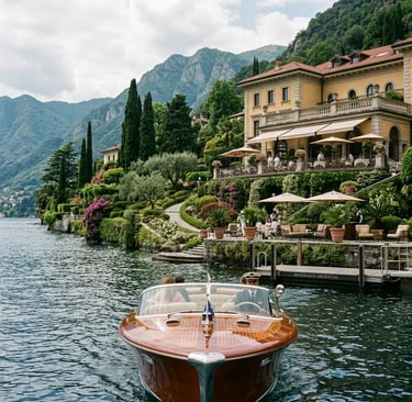 Wooden boat arriving at Mandarin Oriental Lake Como with lush garden terrace view