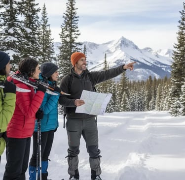 Local professional guide pointing out mountain peaks to guests during a Summit County snowshoe tour.
