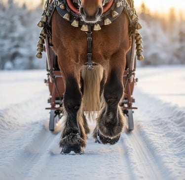 A close-up, low-angle shot of a powerful horse pulling a horse-drawn sleigh over a snow-covered path