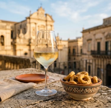 Glass of white wine and taralli with Lecce Baroque architecture in golden light