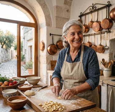 Smiling Cesarina making orecchiette in traditional Puglian kitchen with copper pots, Lecce