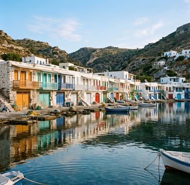  Colorful syrmata boathouses with fishing boats reflected in calm water at Klima village, Milos