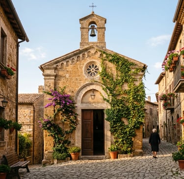 Ancient stone church with ivy and bell tower on cobblestone square Italy
