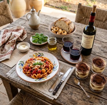 Handmade orecchiette pasta, tiramisu cups and Primitivo wine on rustic table in Puglia, Italy
