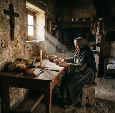 Elderly woman in humble stone cottage with candle and crucifix, Pietrelcina