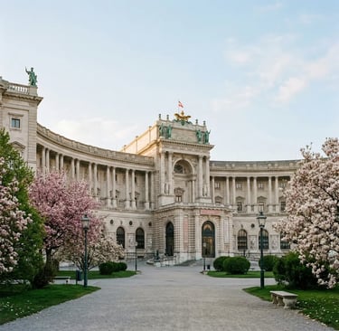 Hofburg Palace facade with blooming magnolia trees on a clear spring morning in Vienna