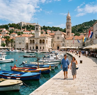 Couple walking along Hvar harbor with colorful boats and cathedral in background