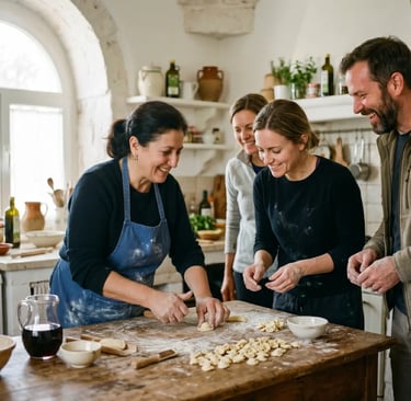 Italian host laughing with small group shaping orecchiette pasta in rustic Lecce kitchen