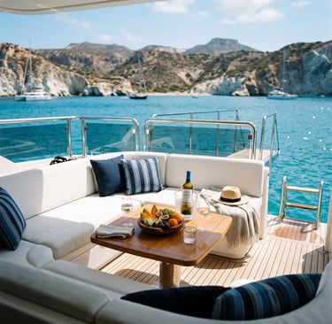 Luxury yacht stern deck with white cushions and fresh fruit anchored off Milos, Greece coastline
