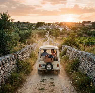 Couple riding vintage Ape Calessino on stone-walled path toward Alberobello trulli at golden sunset
