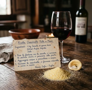 Handwritten orecchiette recipe card with red wine and semolina flour on wooden table