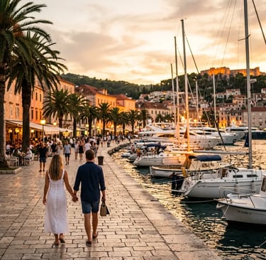 Couple walking along Hvar town waterfront promenade at sunset Croatia