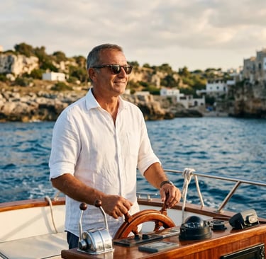 Italian skipper in white linen shirt at wooden wheel of private boat near Polignano cliffs
