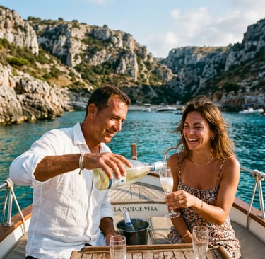 Italian skipper pouring chilled prosecco for smiling woman on private boat near Polignano cliffs.