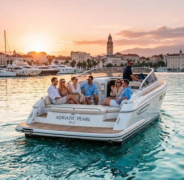 Small group on a luxury speedboat leaving Split harbor for a Croatia island hopping tour.