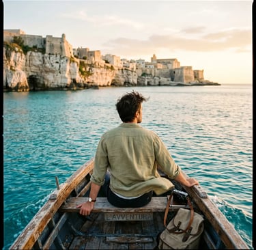 Man in linen shirt sitting on wooden boat looking at Otranto cliffs and historic old town at sunset