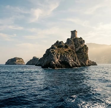 Li Galli island with medieval tower seen from Positano to Capri boat tour, Amalfi Coast