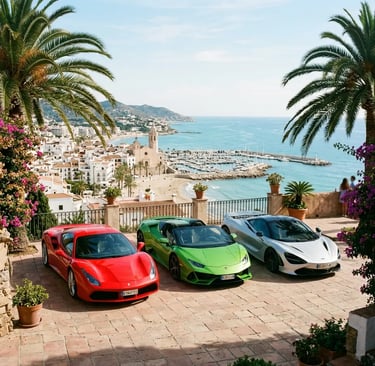 Ferrari Lamborghini and McLaren supercar fleet on Mediterranean terrace near Sitges