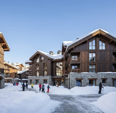 A modern multi-story alpine hotel with traditional wooden architecture and guests in ski gear standi