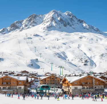 A vibrant ski resort village at the base of a massive, snow-capped mountain peak with ski lifts and 