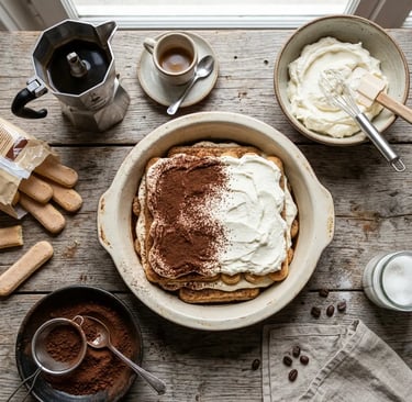Overhead view of homemade tiramisu with mascarpone, cocoa, savoiardi and moka pot on wood table