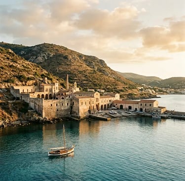 Historic Tonnara di Carloforte factory building on the coastline of San Pietro island at golden hour