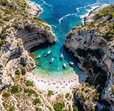 Aerial view of Stiniva Cove on Vis Island with turquoise water and boats anchored near beach