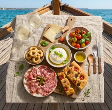 Apulian tasting board with burrata taralli focaccia cured meats and prosecco on wooden boat deck