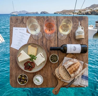 Greek wine tasting on catamaran in Milos with Assyrtiko, local cheeses, capers and fresh bread