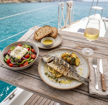 Grilled fish, Greek salad and white wine on the teak table of a luxury catamaran in Milos (