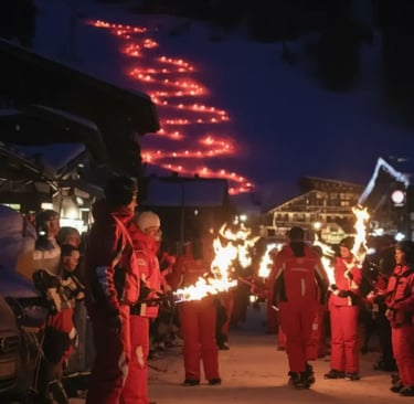 A group of people in red ski suits holding burning torches during a night procession in Zell am See,